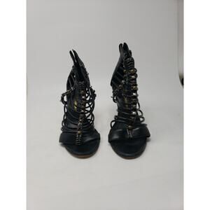 Jean-Michel Cazabat SZ 38/8 Gladiator Heel Black Bronze Leather Gold Rivets Zip